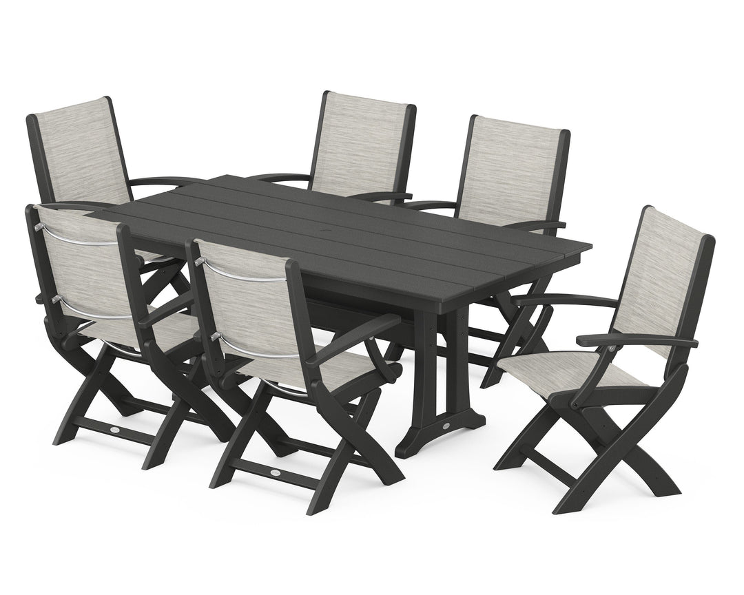 POLYWOOD® Coastal Folding Arm Chair 7-Piece Farmhouse Dining Set with Trestle Legs