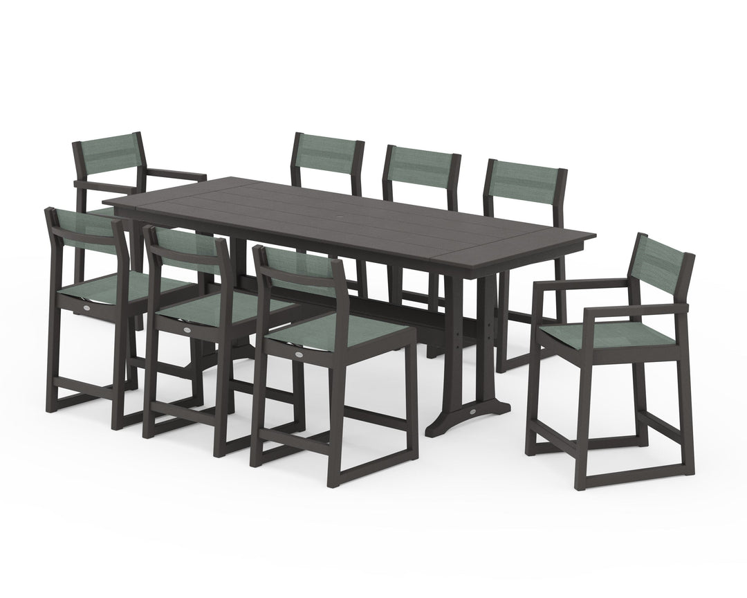 POLYWOOD® EDGE Sling 9-Piece Farmhouse Counter Set with Trestle Legs