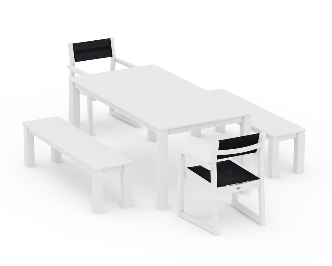 POLYWOOD® EDGE Sling Arm Chair 5-Piece Parsons Dining Set with Benches