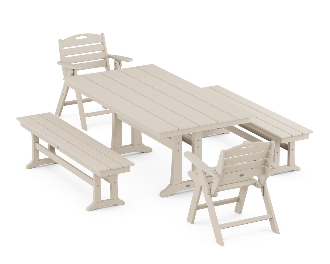 POLYWOOD® Nautical Folding Lowback Chair 5-Piece Farmhouse Dining Set With Trestle Legs