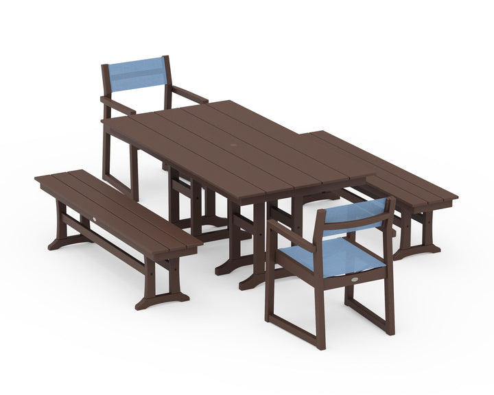 POLYWOOD® EDGE Sling Arm Chair 5-Piece Farmhouse Dining Set with Benches