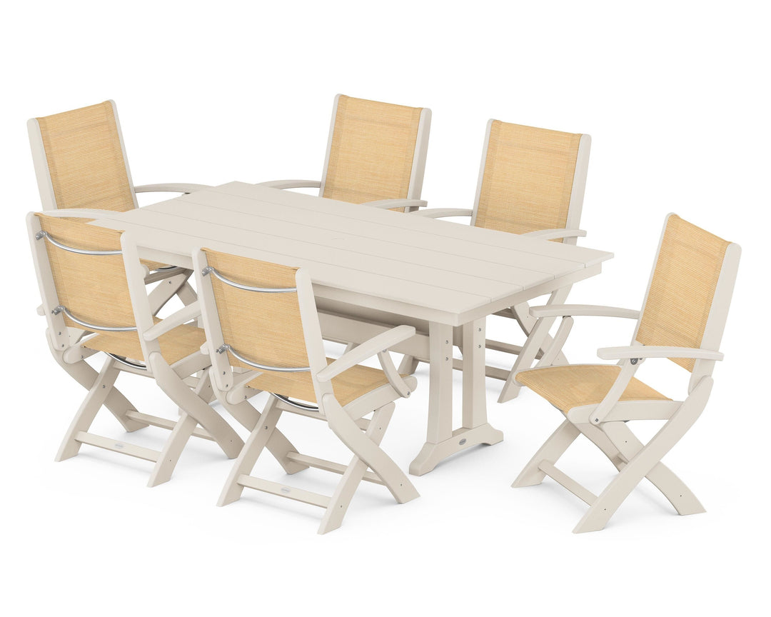 POLYWOOD® Coastal Folding Arm Chair 7-Piece Farmhouse Dining Set with Trestle Legs
