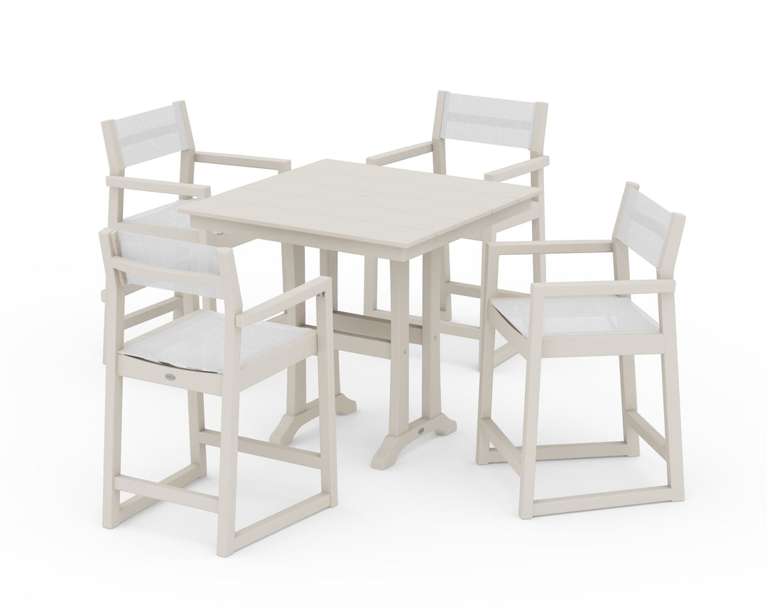 POLYWOOD® EDGE Sling Arm Chair 5-Piece Farmhouse Counter Set with Trestle Legs