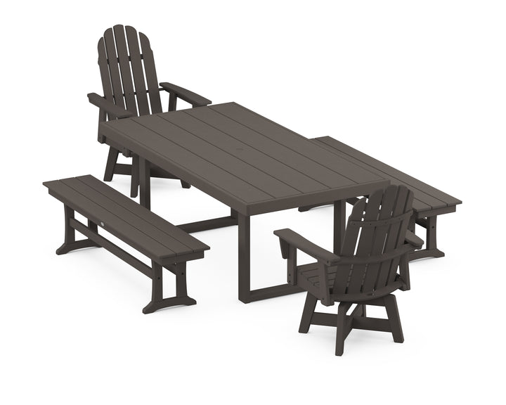 POLYWOOD® Vineyard Curveback Adirondack Swivel Chair 5-Piece Dining Set with Benches