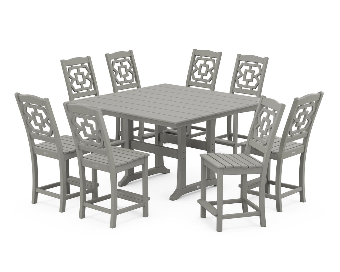 Martha Stewart by POLYWOOD® Chinoiserie 9-Piece Square Farmhouse Side Chair Counter Set with Trestle Legs