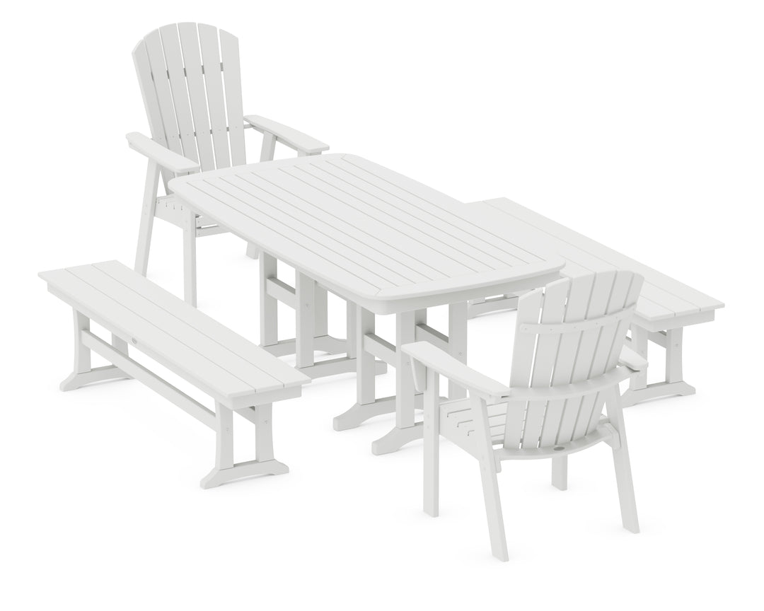 POLYWOOD® Nautical Curveback Adirondack 5-Piece Dining Set with Benches