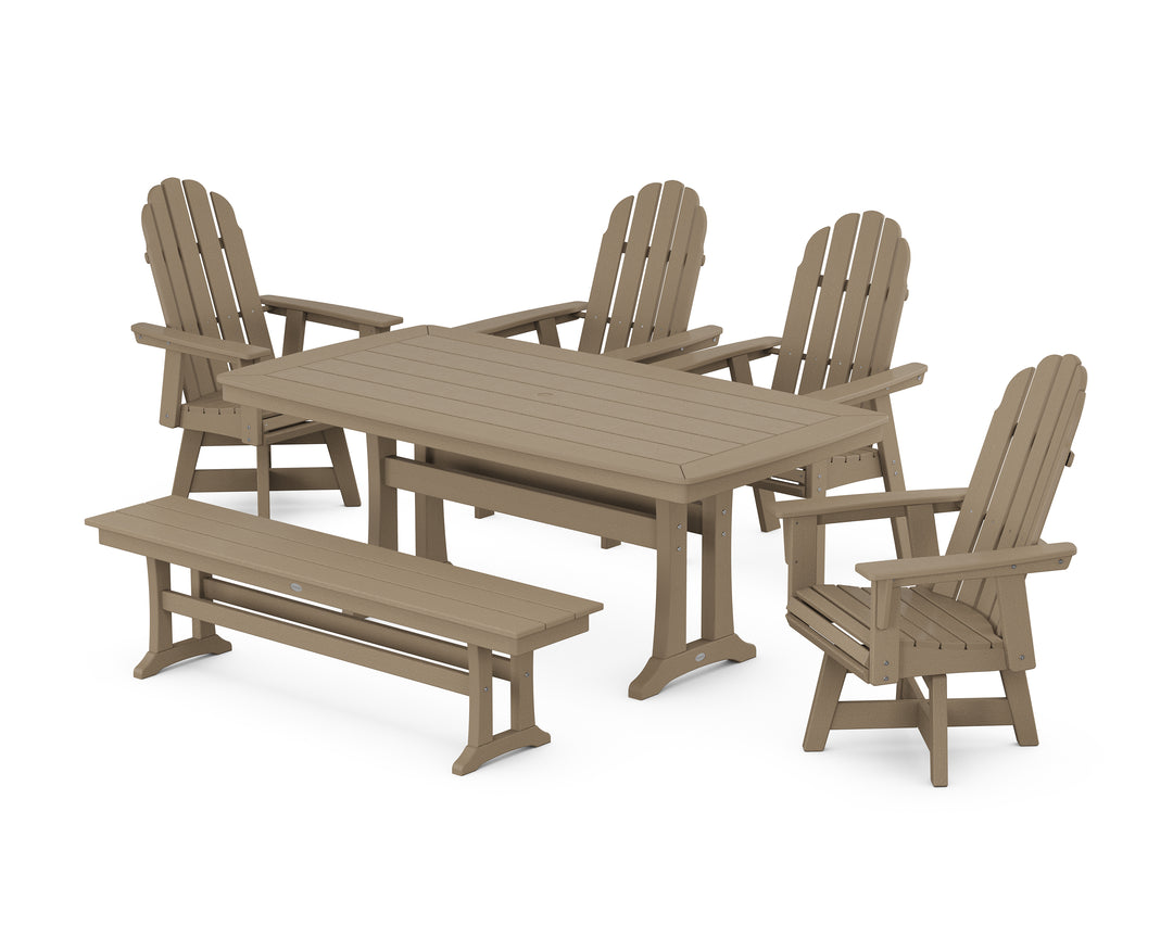 POLYWOOD® Vineyard Curveback Adirondack Swivel Chair 6-Piece Dining Set with Trestle Legs and Bench