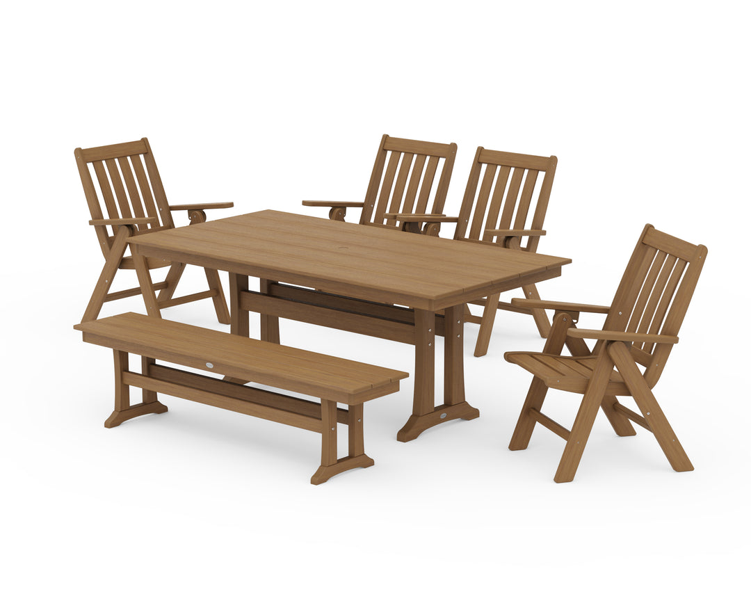 POLYWOOD® Vineyard 6-Piece Folding Chair Farmhouse Dining Set with Trestle Legs and Bench