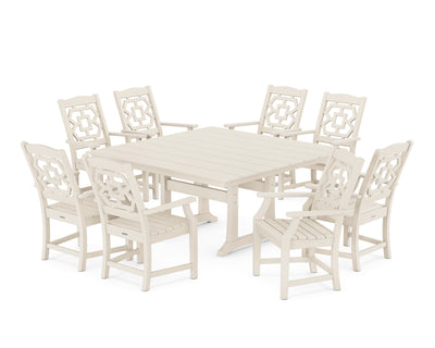 Chinoiserie 9-Piece Square Farmhouse Dining Set with Trestle Legs