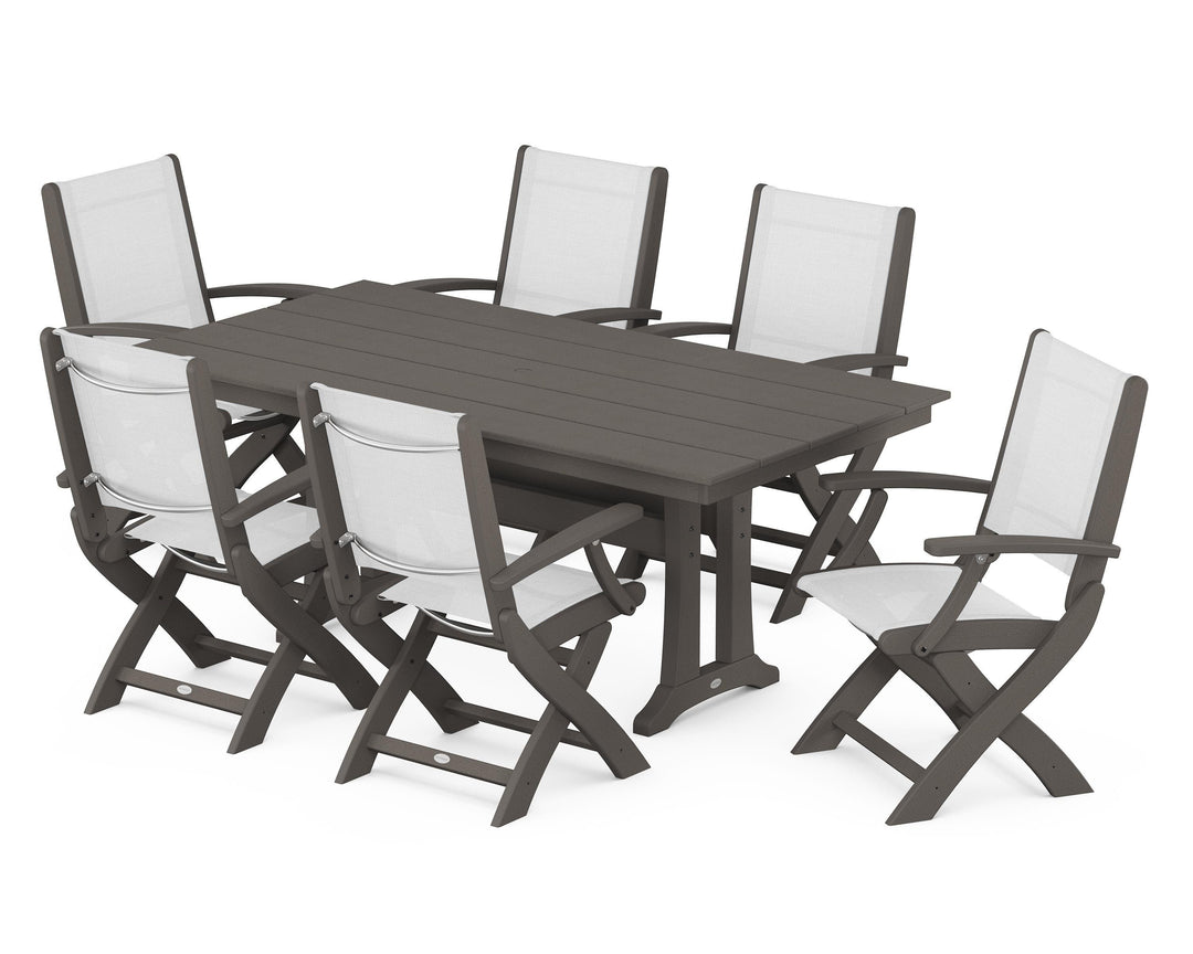 POLYWOOD® Coastal Folding Arm Chair 7-Piece Farmhouse Dining Set with Trestle Legs