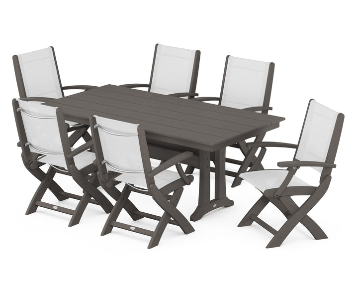 POLYWOOD® Coastal Folding Arm Chair 7-Piece Farmhouse Dining Set with Trestle Legs