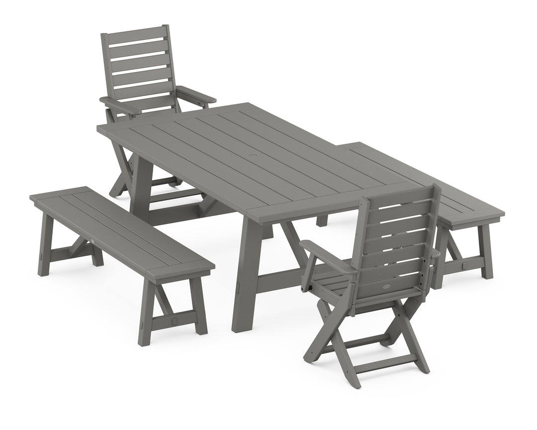 POLYWOOD® Captain Folding Chair 5-Piece Rustic Farmhouse Dining Set With Benches