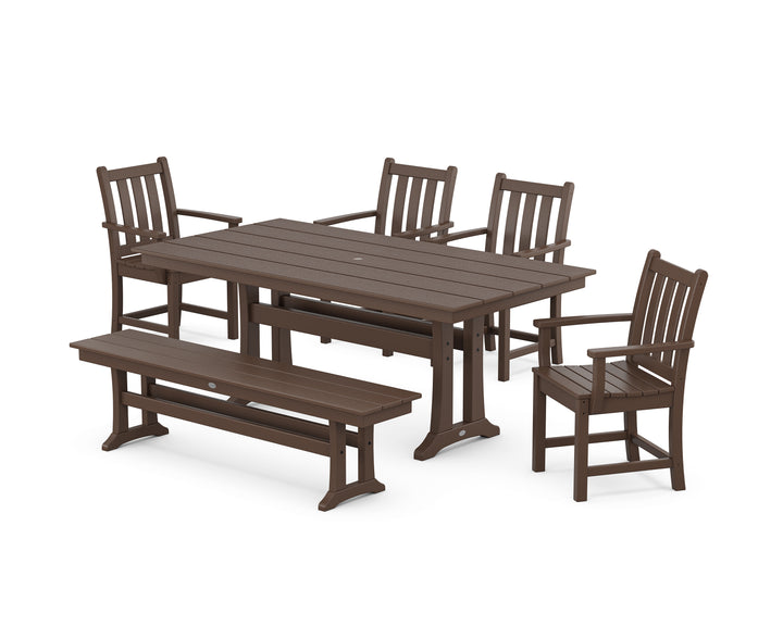 POLYWOOD® Traditional Garden Arm Chair 6-Piece Farmhouse Dining Set with Trestle Legs and Bench