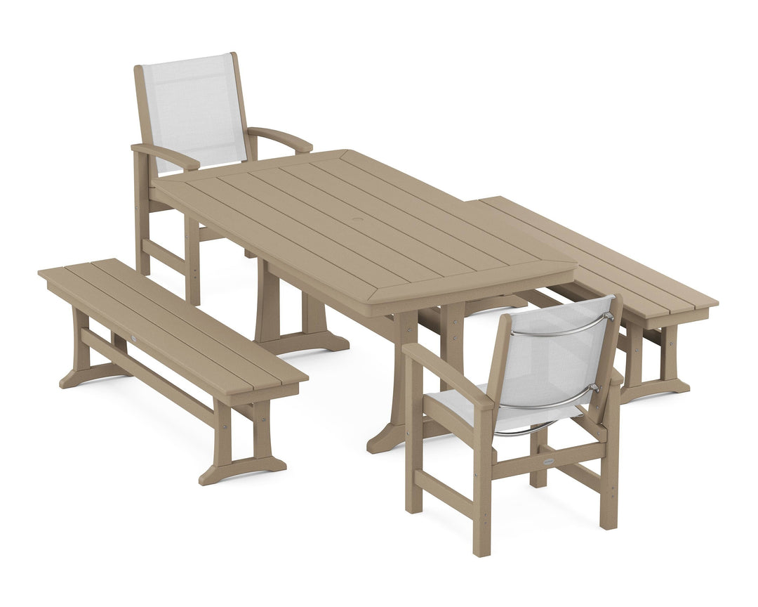 POLYWOOD® Coastal 5-Piece Dining Set with Trestle Legs and Benches