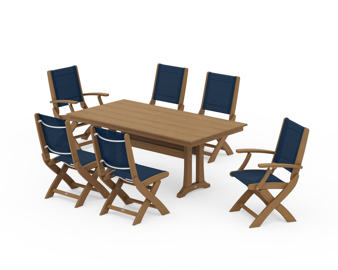 POLYWOOD® Coastal Folding Chair 7-Piece Farmhouse Dining Set with Trestle Legs