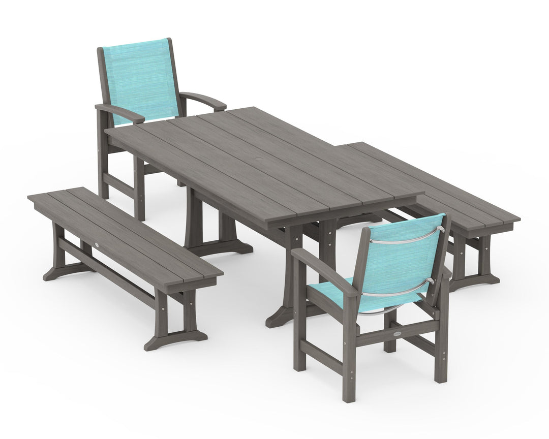POLYWOOD® Coastal 5-Piece Farmhouse Dining Set with Trestle Legs and Benches