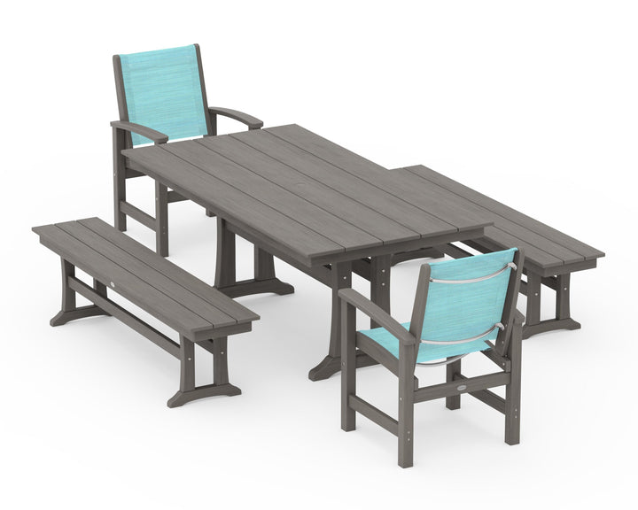POLYWOOD® Coastal 5-Piece Farmhouse Dining Set with Trestle Legs and Benches