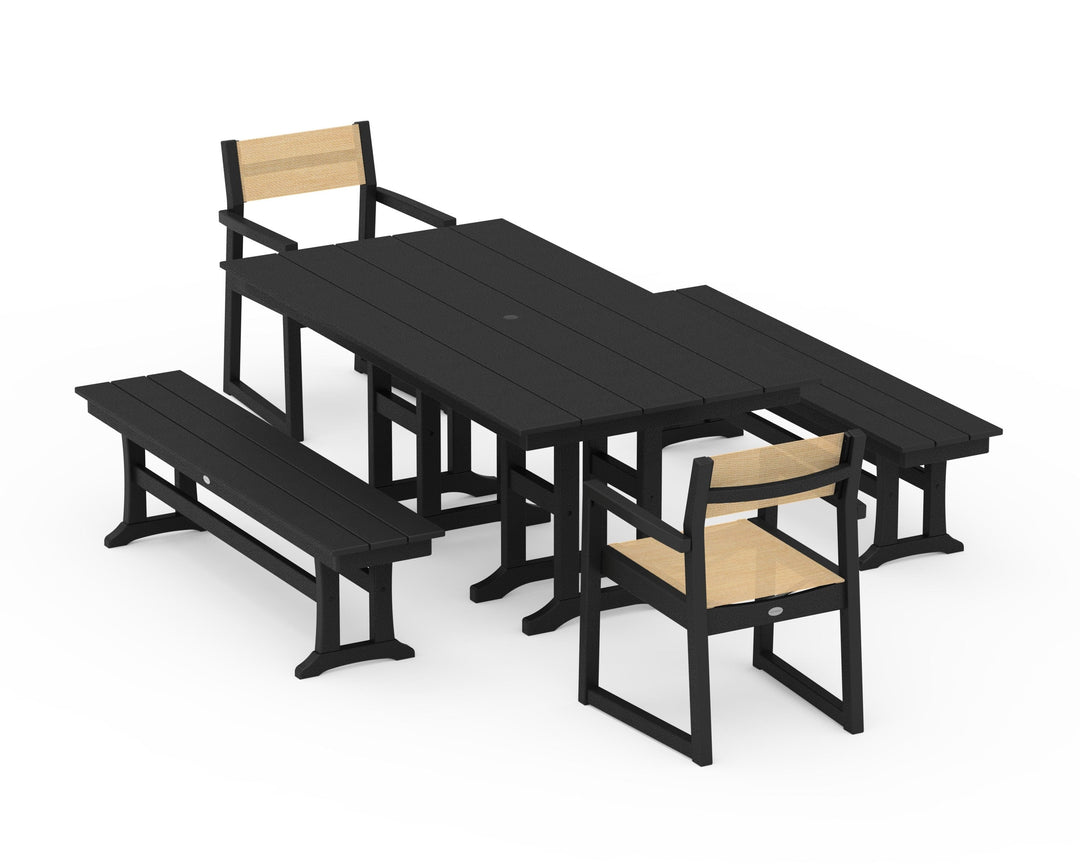 POLYWOOD® EDGE Sling Arm Chair 5-Piece Farmhouse Dining Set with Benches