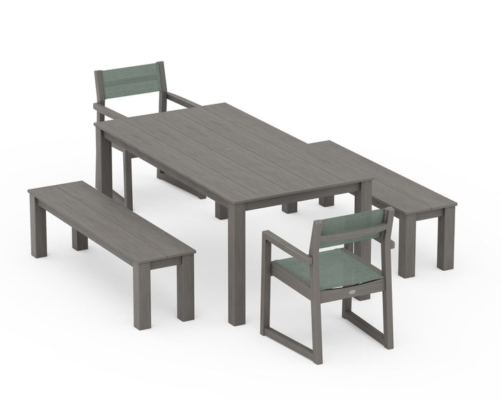 POLYWOOD® EDGE Sling Arm Chair 5-Piece Parsons Dining Set with Benches