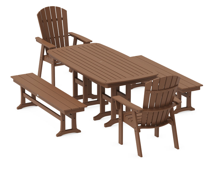 POLYWOOD® Nautical Curveback Adirondack 5-Piece Dining Set with Benches