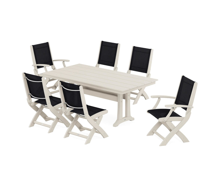 POLYWOOD® Coastal Folding Chair 7-Piece Farmhouse Dining Set with Trestle Legs