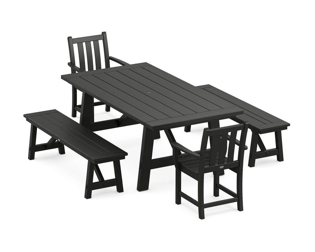 POLYWOOD® Traditional Garden 5-Piece Rustic Farmhouse Dining Set With Benches