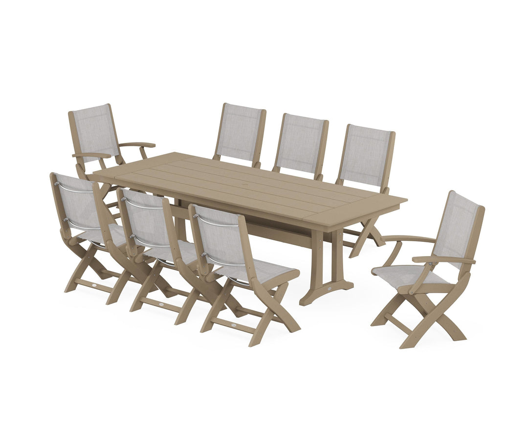 POLYWOOD® Coastal 9-Piece Folding Dining Chair Farmhouse Dining Set with Trestle Legs
