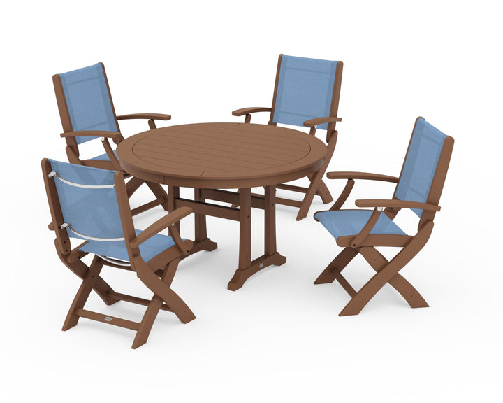 POLYWOOD® Coastal Folding Chair 5-Piece Round Dining Set with Trestle Legs