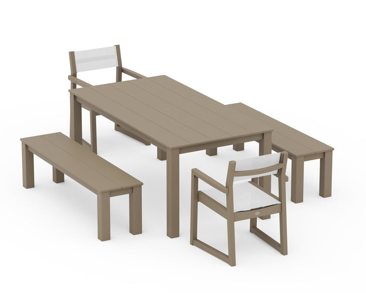 POLYWOOD® EDGE Sling Arm Chair 5-Piece Parsons Dining Set with Benches