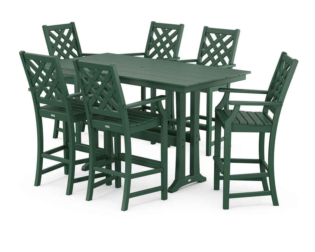Country Living Wovendale Arm Chair 7-Piece Farmhouse Bar Set with Trestle Legs