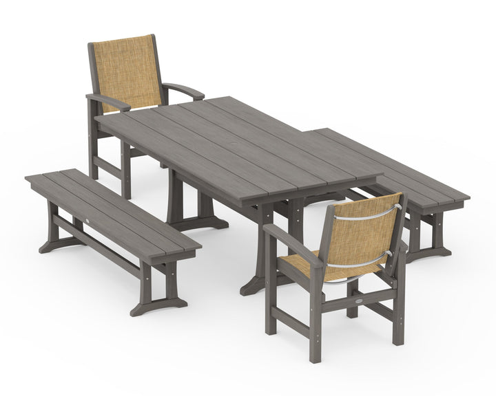 POLYWOOD® Coastal 5-Piece Farmhouse Dining Set with Trestle Legs and Benches