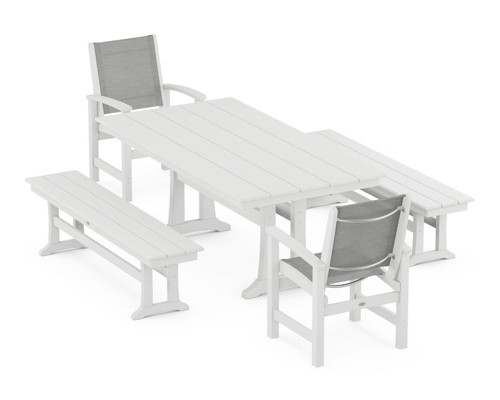 POLYWOOD® Coastal 5-Piece Farmhouse Dining Set with Trestle Legs and Benches