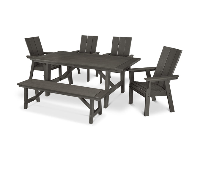 POLYWOOD® Modern Curveback Adirondack 6-Piece Rustic Farmhouse Dining Set with Bench