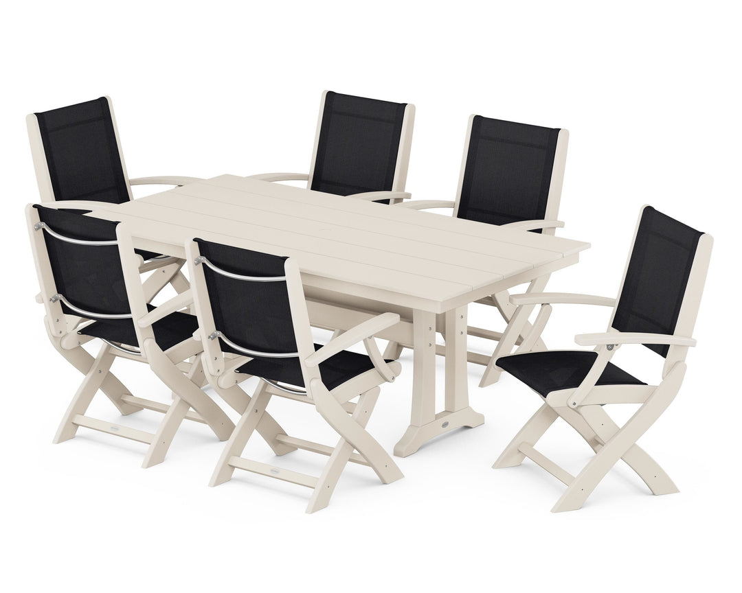POLYWOOD® Coastal Folding Arm Chair 7-Piece Farmhouse Dining Set with Trestle Legs