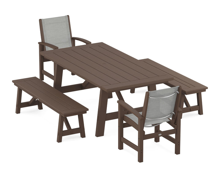 POLYWOOD® Coastal 5-Piece Rustic Farmhouse Dining Set With Benches