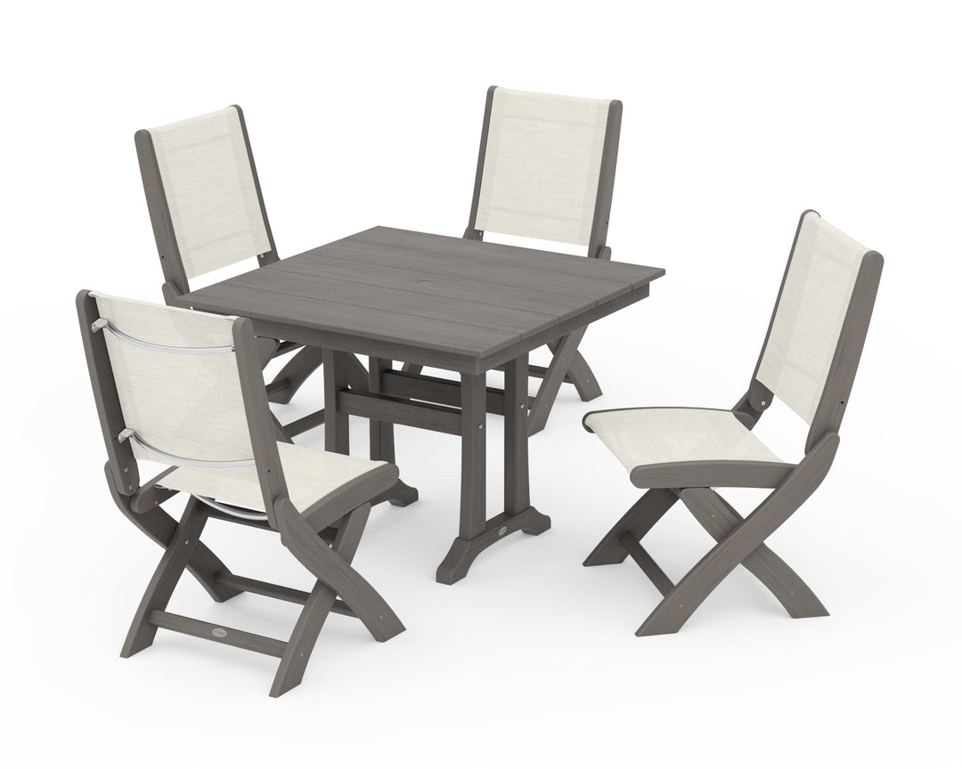 POLYWOOD® Coastal Folding Side Chair 5-Piece Farmhouse Dining Set With Trestle Legs