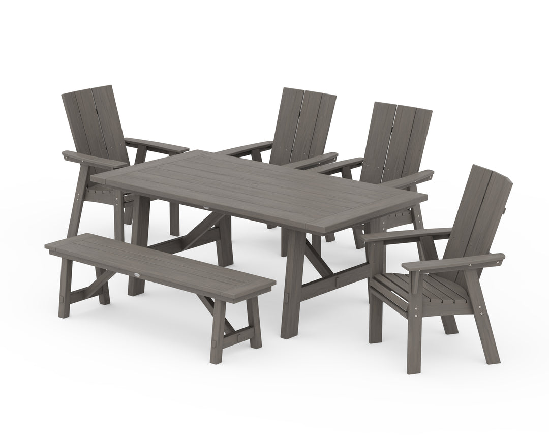 POLYWOOD® Modern Curveback Adirondack 6-Piece Rustic Farmhouse Dining Set with Bench