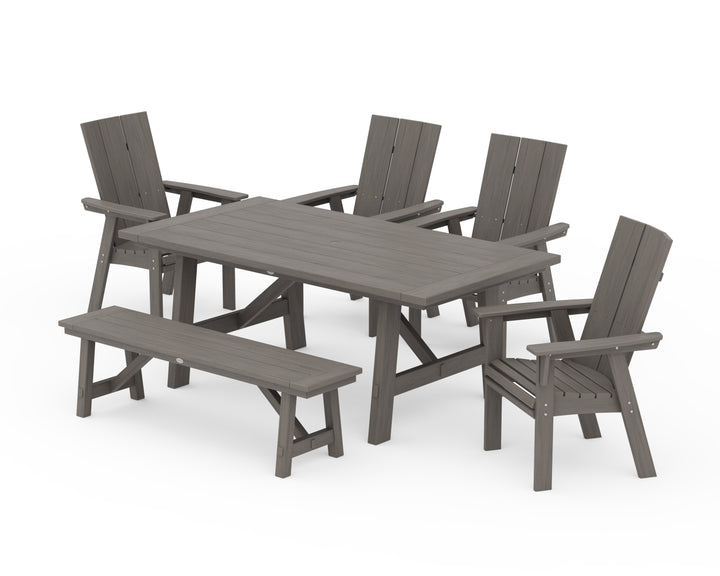POLYWOOD® Modern Curveback Adirondack 6-Piece Rustic Farmhouse Dining Set with Bench