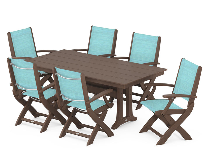 POLYWOOD® Coastal Folding Arm Chair 7-Piece Farmhouse Dining Set with Trestle Legs