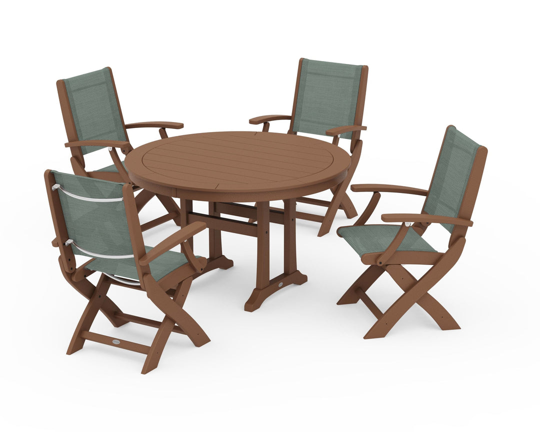 POLYWOOD® Coastal Folding Chair 5-Piece Round Dining Set with Trestle Legs