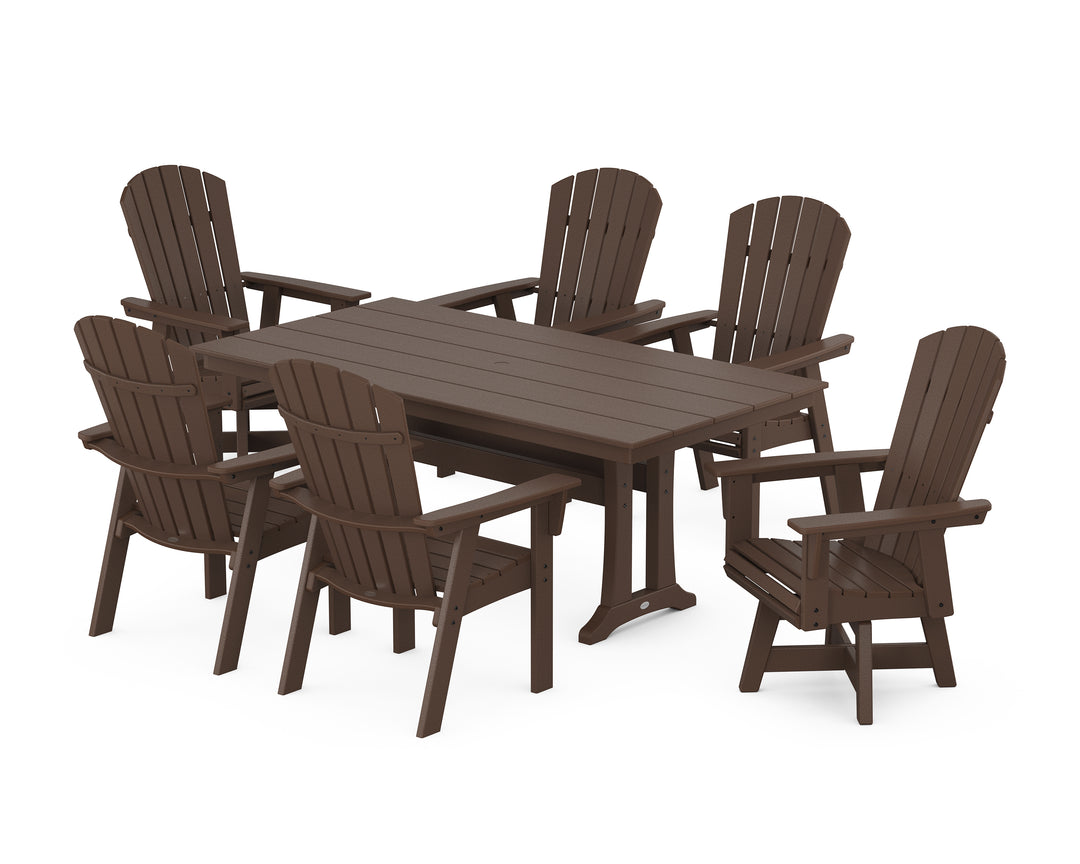 POLYWOOD® Nautical Curveback Adirondack Swivel Chair 7-Piece Farmhouse Dining Set With Trestle Legs