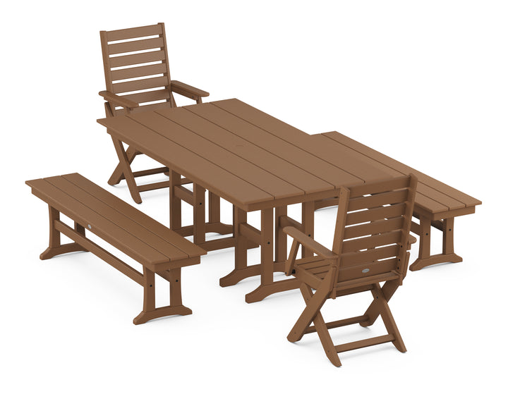 POLYWOOD® Captain Folding Chair 5-Piece Farmhouse Dining Set with Benches