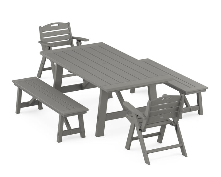 POLYWOOD® Nautical Folding Lowback Chair 5-Piece Rustic Farmhouse Dining Set With Benches