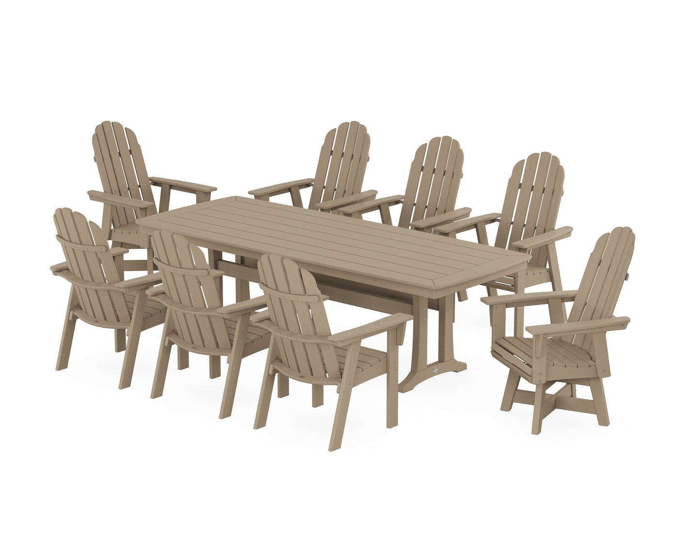 Vineyard Curveback Adirondack Swivel 9-Piece Dining Set with Trestle Legs