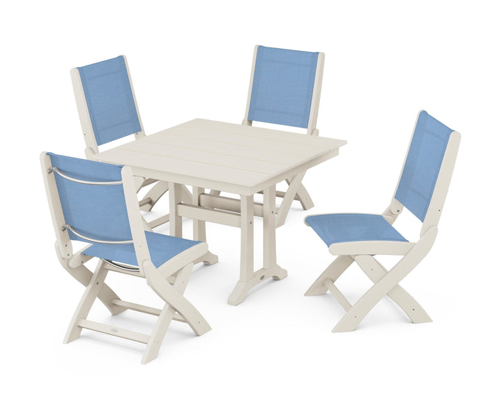 POLYWOOD® Coastal Folding Side Chair 5-Piece Farmhouse Dining Set With Trestle Legs