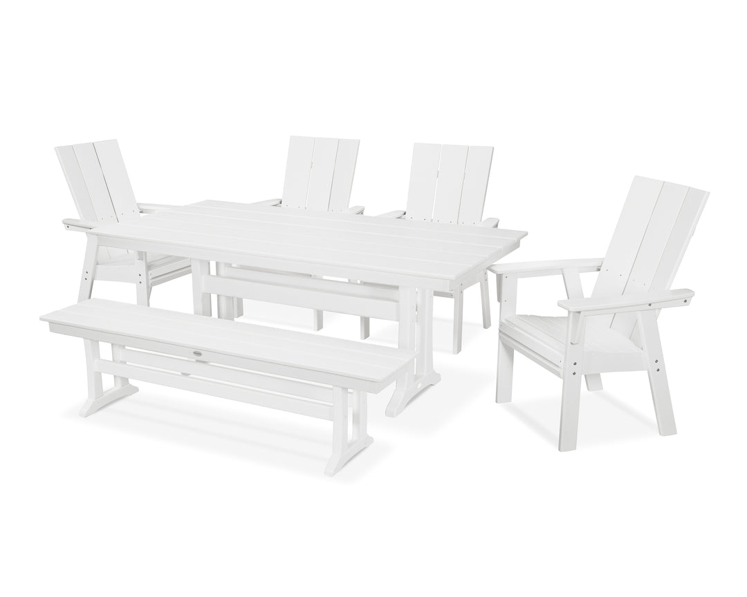 POLYWOOD® Modern Curveback Adirondack 6-Piece Farmhouse Dining Set with Trestle Legs and Bench