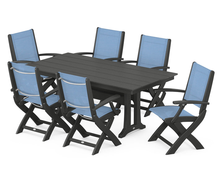 POLYWOOD® Coastal Folding Arm Chair 7-Piece Farmhouse Dining Set with Trestle Legs
