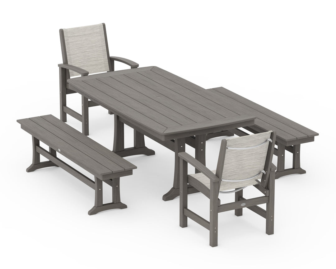 POLYWOOD® Coastal 5-Piece Dining Set with Trestle Legs and Benches