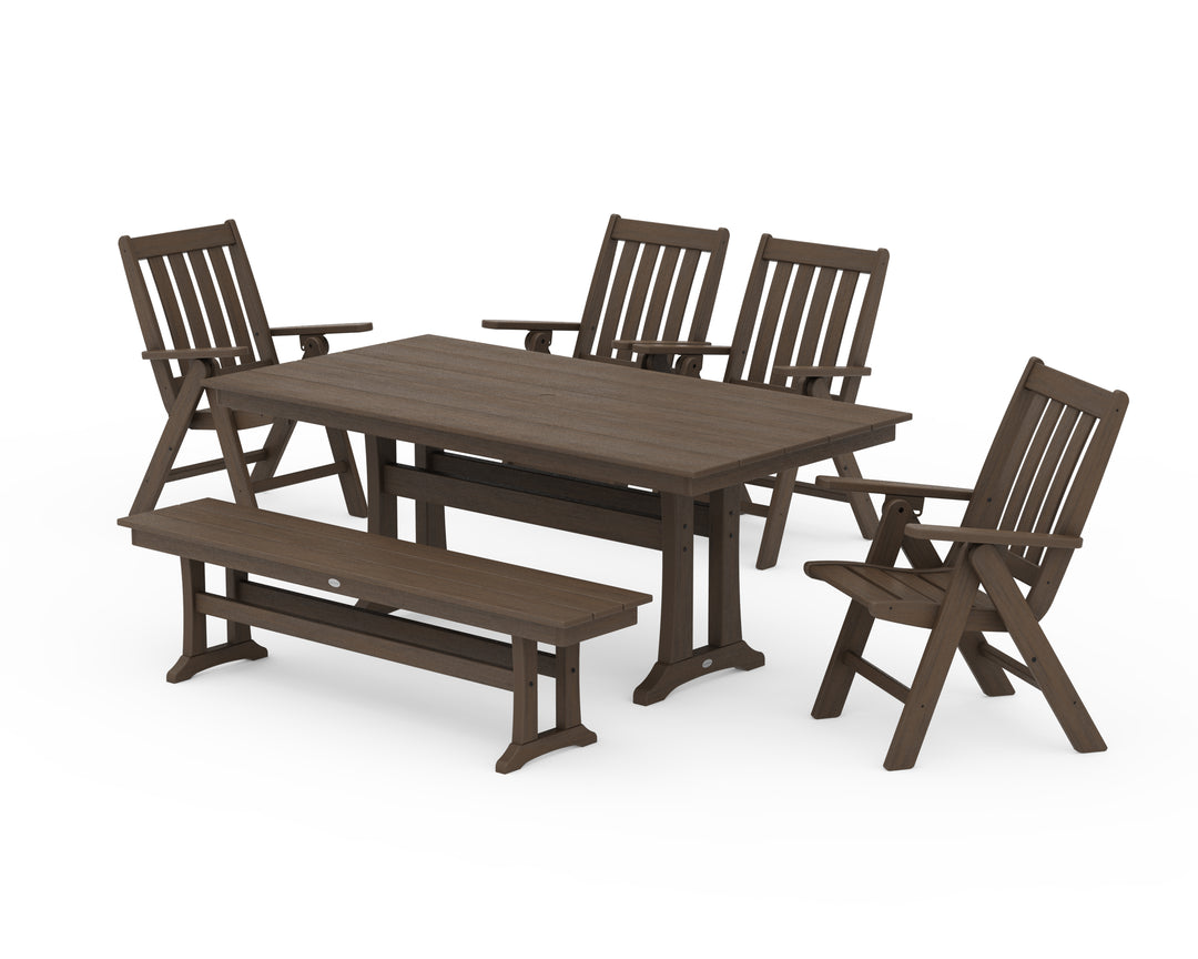 POLYWOOD® Vineyard 6-Piece Folding Chair Farmhouse Dining Set with Trestle Legs and Bench
