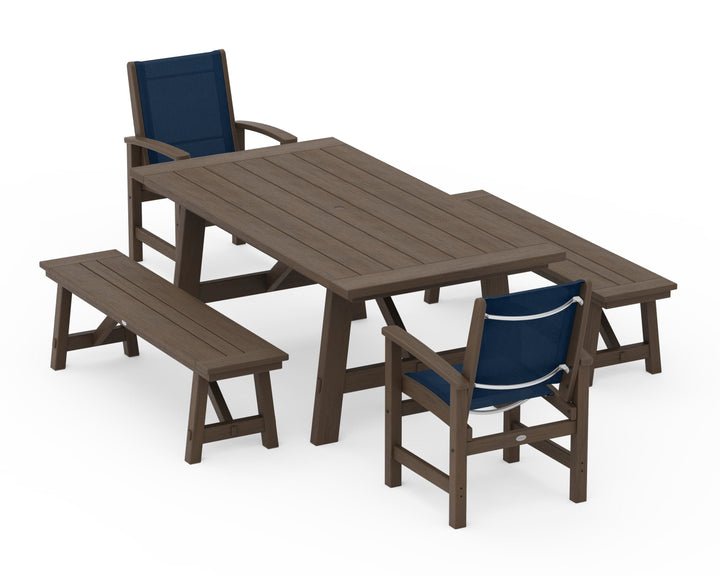 POLYWOOD® Coastal 5-Piece Rustic Farmhouse Dining Set With Benches